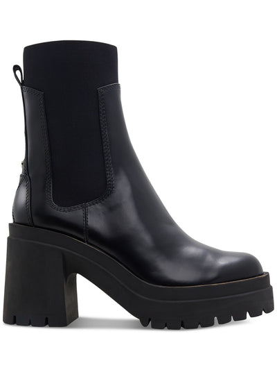 ALDO Womens Black 1-1/2" Platform Back Pull-Tab Goring Lug Sole Bigmood Round Toe Block Heel Leather Chelsea 6