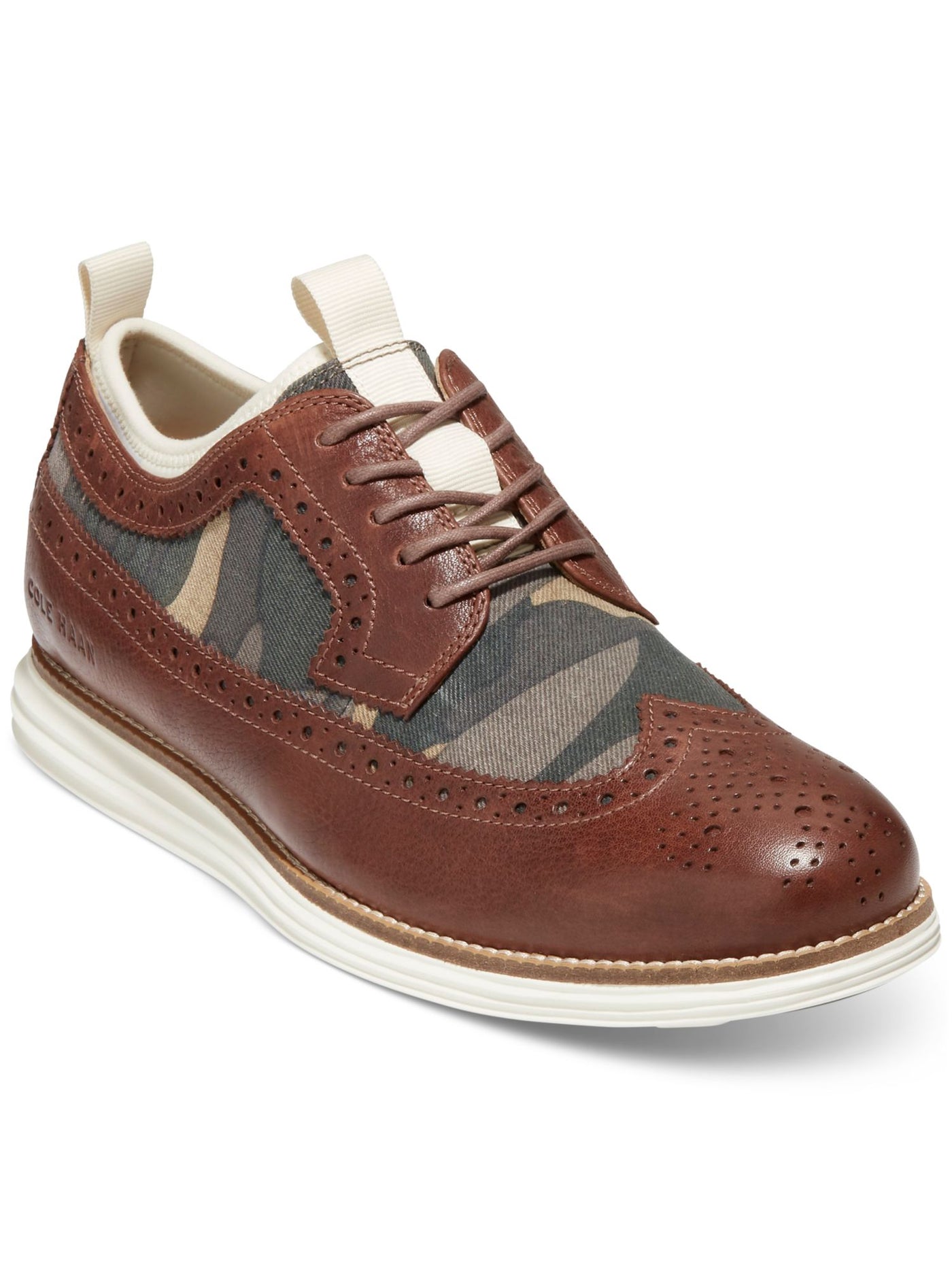 COLE HAAN GRANDSERIES Mens Brown Mixed Media Internal Neoprene Lining Dual Pull-Tabs Cushioned Longwing Wingtip Toe Wedge Lace-Up Oxford Shoes 12 M
