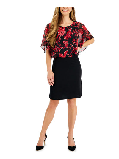 CONNECTED APPAREL Womens Black Unlined Sheer Popover-cape Pullover Floral Flutter Sleeve Round Neck Above The Knee Wear To Work Fit + Flare Dress 10