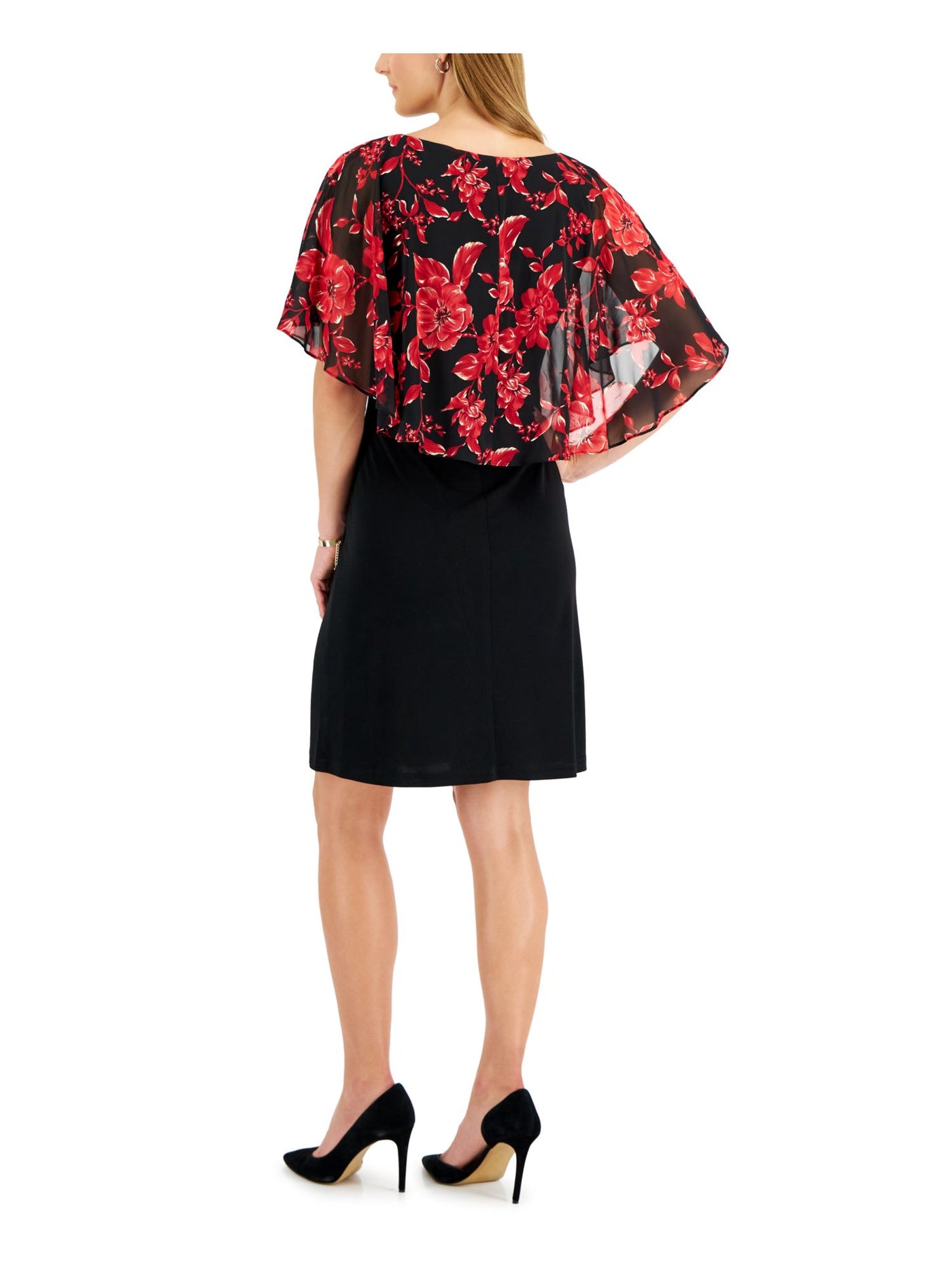 CONNECTED APPAREL Womens Black Unlined Sheer Popover-cape Pullover Floral Flutter Sleeve Round Neck Above The Knee Wear To Work Fit + Flare Dress 10