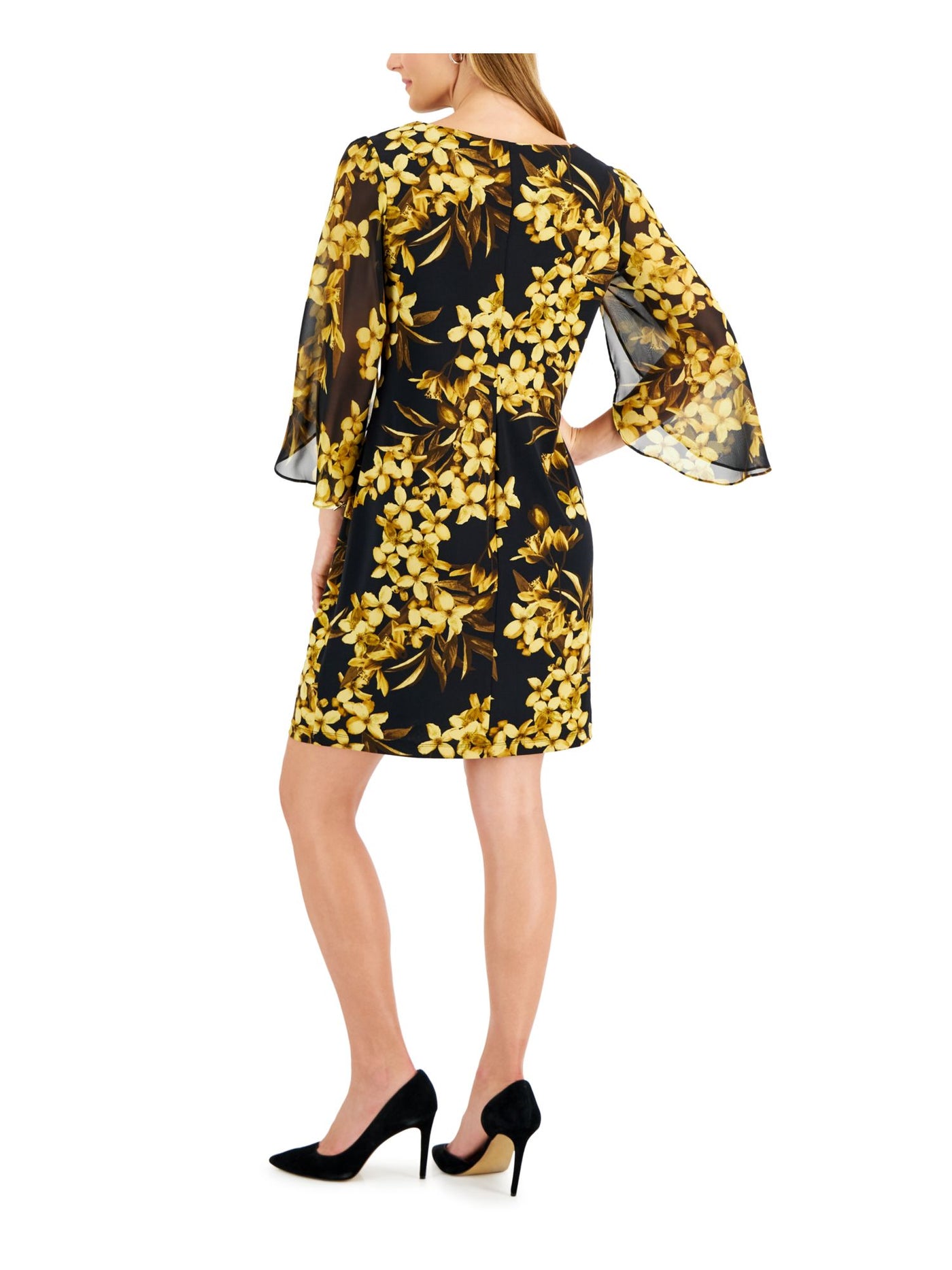 CONNECTED APPAREL Womens Black Unlined Sheer Pullover Darted Floral 3/4 Sleeve Round Neck Above The Knee Sheath Dress 4
