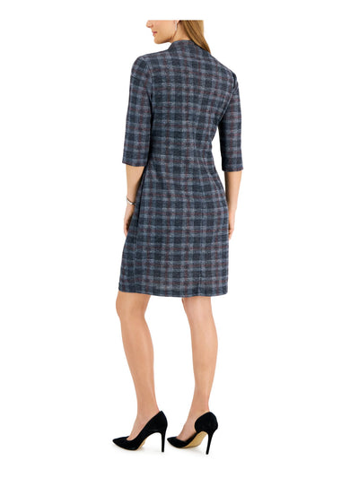 CONNECTED APPAREL Womens Gray Plaid 3/4 Sleeve V Neck Above The Knee Wear To Work Sheath Dress 6
