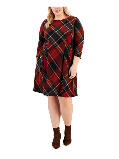 CONNECTED APPAREL Womens Maroon Zippered Pocketed Unlined Pleated Plaid 3/4 Sleeve Round Neck Knee Length Fit + Flare Dress Plus 20W