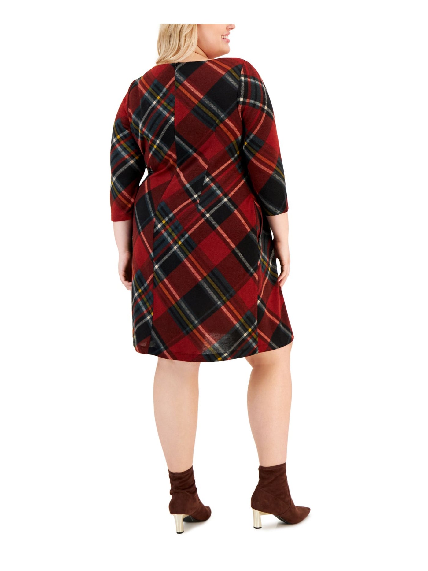 CONNECTED APPAREL Womens Maroon Zippered Pocketed Unlined Pleated Plaid 3/4 Sleeve Round Neck Knee Length Fit + Flare Dress Plus 16W