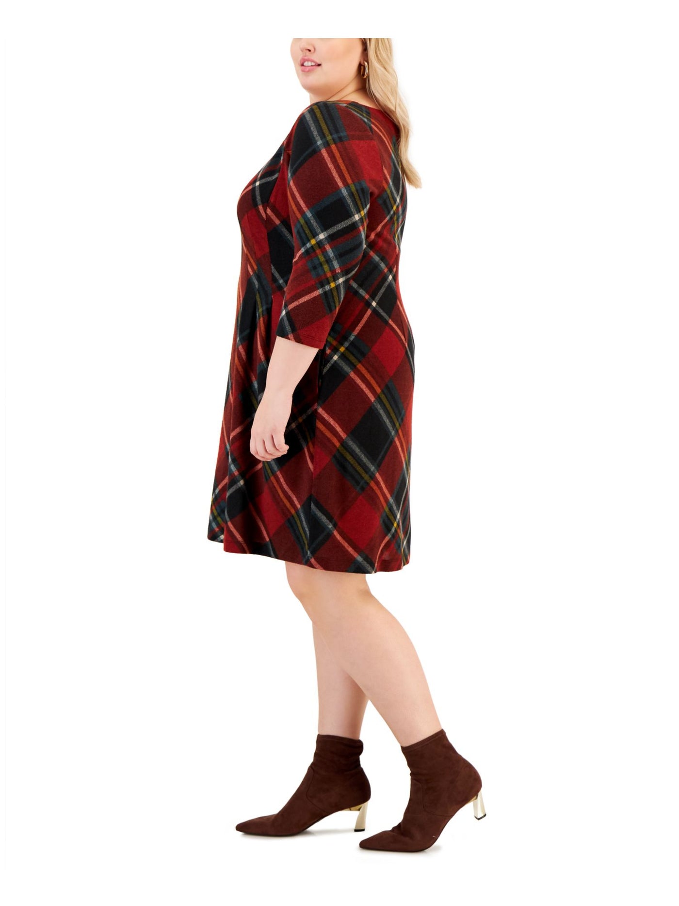 CONNECTED APPAREL Womens Maroon Zippered Pocketed Unlined Pleated Plaid 3/4 Sleeve Round Neck Knee Length Fit + Flare Dress Plus 16W