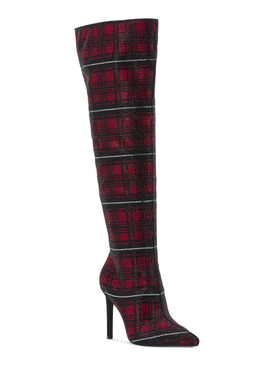 INC Womens Red Plaid Vented Back Padded Rhinestone Goring Saveria Pointed Toe Stiletto Zip-Up Dress Boots 7.5 M