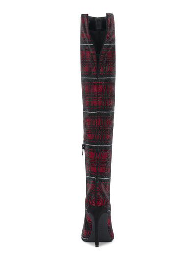 INC Womens Red Plaid Vented Back Padded Rhinestone Goring Saveria Pointed Toe Stiletto Zip-Up Dress Boots 6.5 M