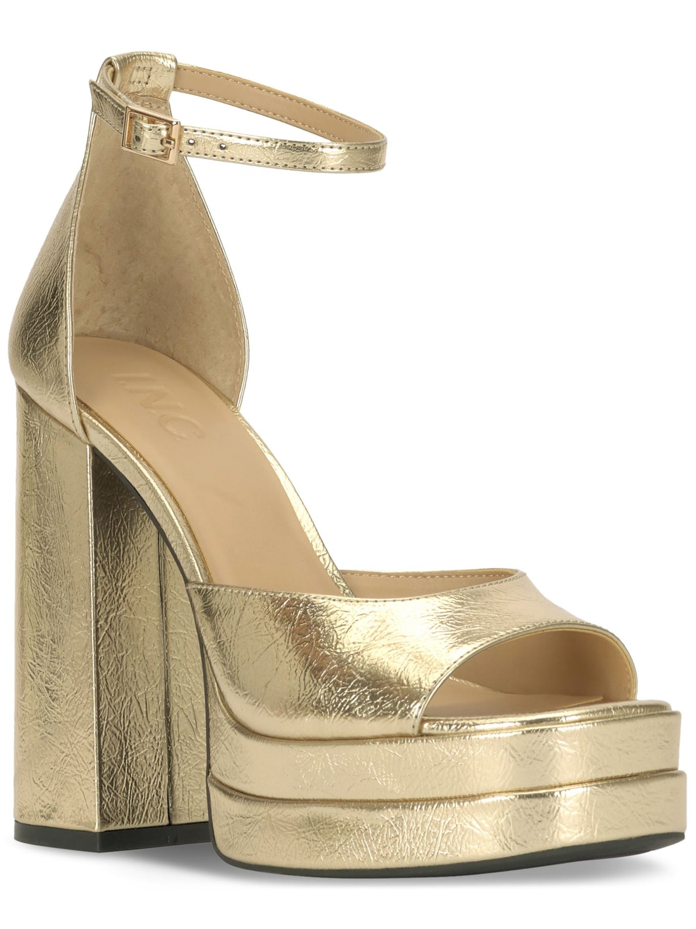 INC Womens Gold 1-1/2" Platform Metallic Adjustable Arya Round Toe Block Heel Buckle Dress Heeled Sandal 7 M