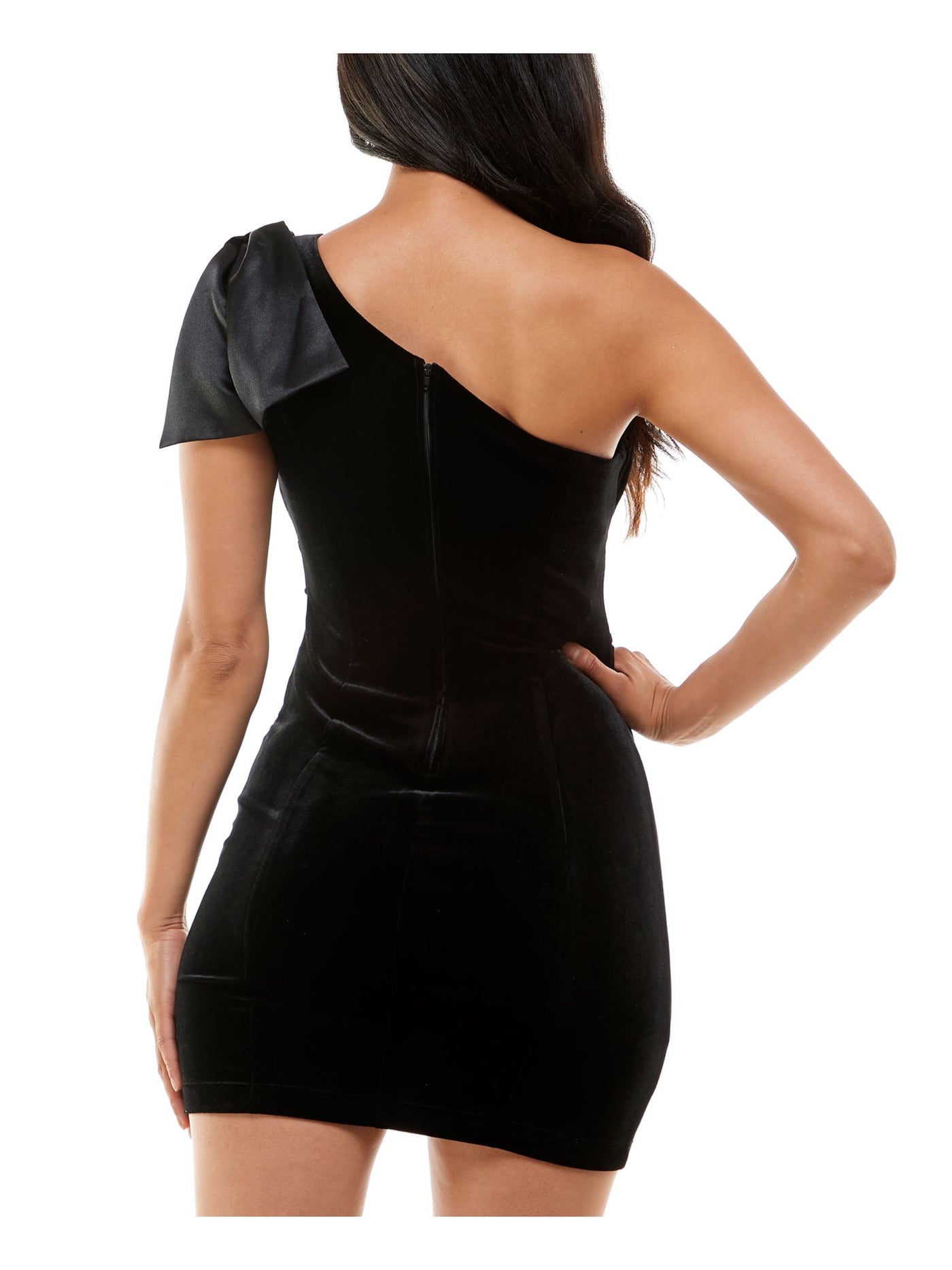 EMERALD SUNDAE Womens Black Gathered Zippered Bow-shoulder Detail Slit Hem Sleeveless Asymmetrical Neckline Short Party Body Con Dress XXS