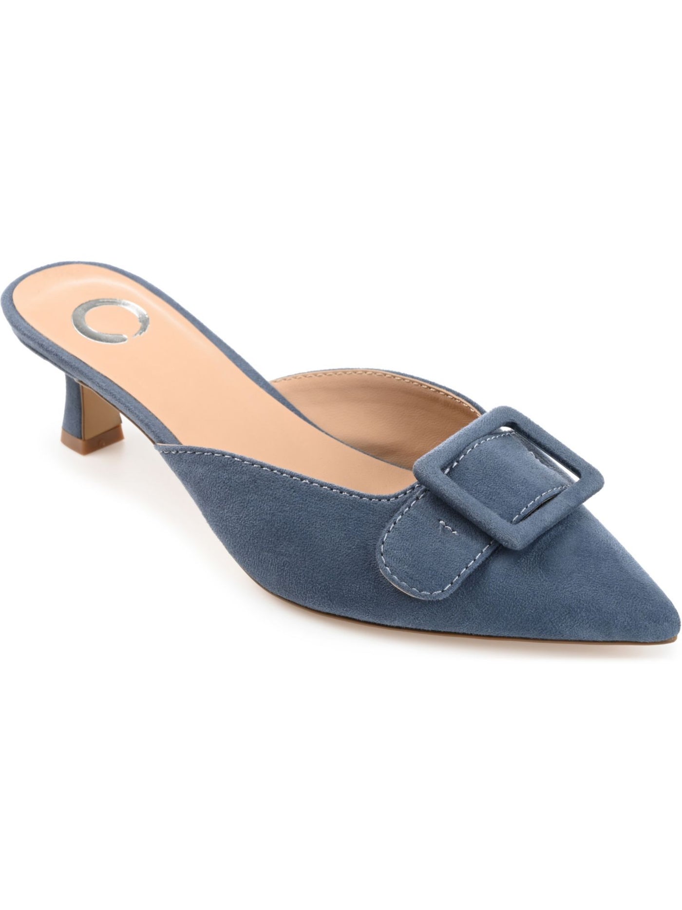JOURNEE COLLECTION Womens Blue Buckle Accent Padded Vianna Pointed Toe Kitten Heel Slip On Heeled Mules Shoes 7.5