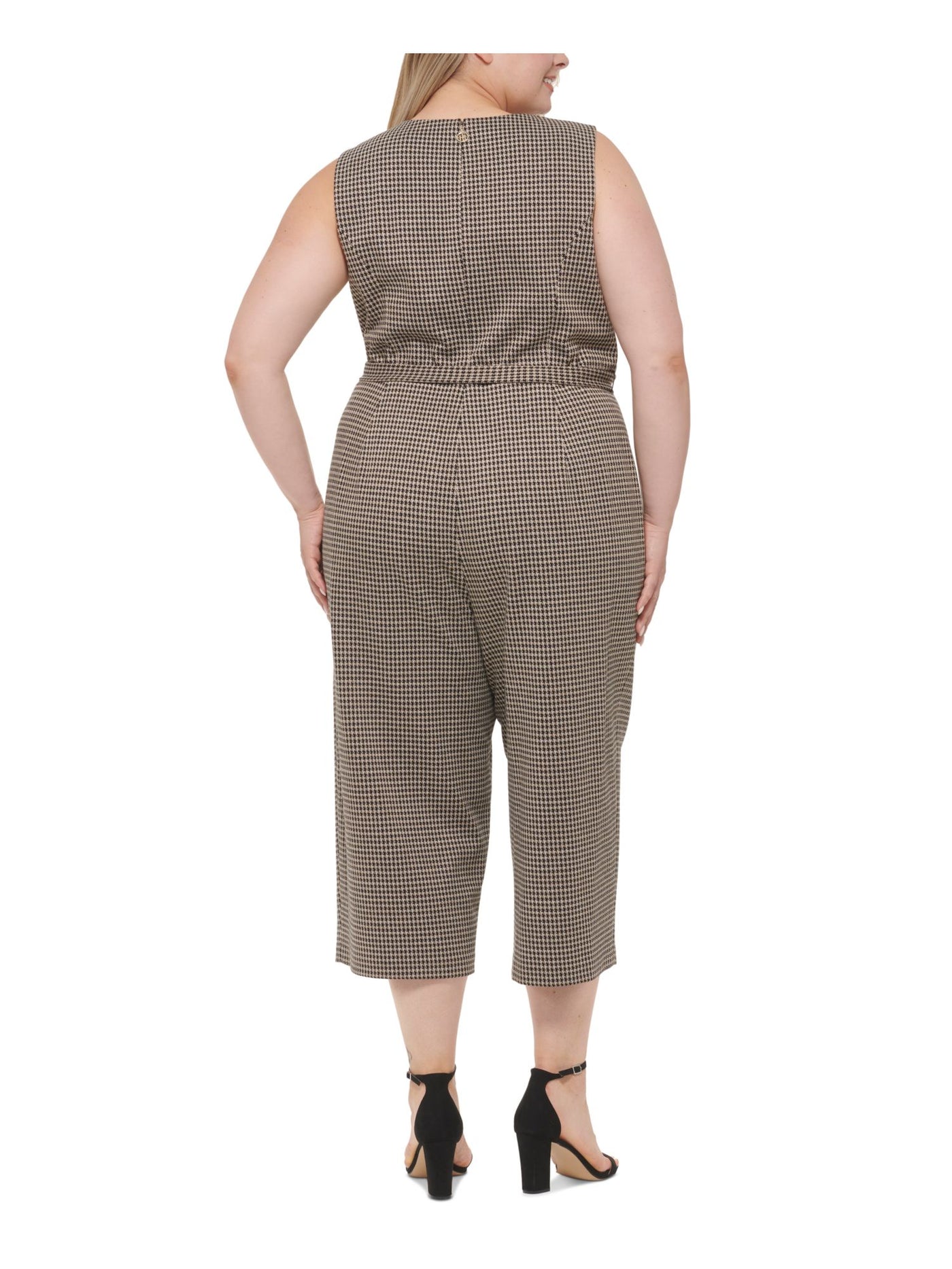 TOMMY HILFIGER Womens Brown Zippered Belted Wide Cropped Leg Houndstooth Sleeveless V Neck Wear To Work High Waist Jumpsuit Plus 16W