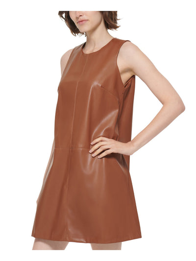 CALVIN KLEIN Womens Brown Zippered Unlined Sleeveless Jewel Neck Short Wear To Work Shift Dress 8