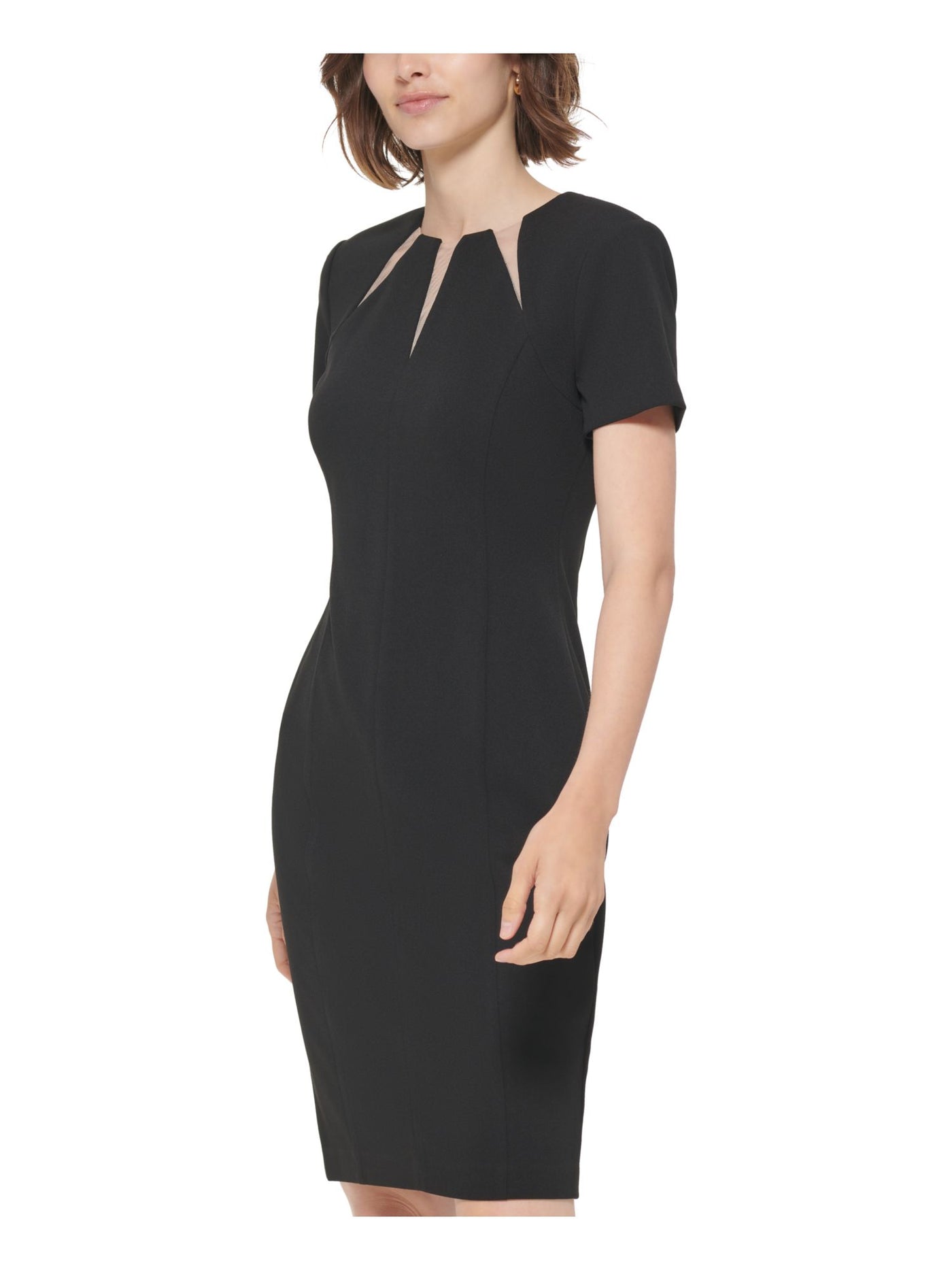 CALVIN KLEIN Womens Black Cut Out Zippered Short Sleeve Round Neck Above The Knee Wear To Work Sheath Dress 2