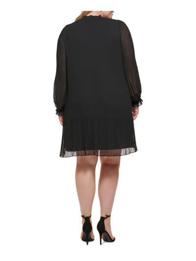 DKNY Womens Black Pleated Lined Smocked Cuff Pullover Long Sleeve Tie Neck Above The Knee Wear To Work Shift Dress Plus 22W