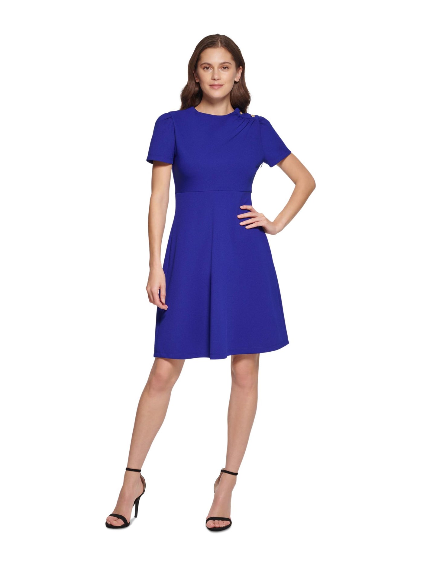 DKNY Womens Blue Zippered Unlined Tie Belt Button Detail Short Sleeve Round Neck Above The Knee Fit + Flare Dress Petites 2P
