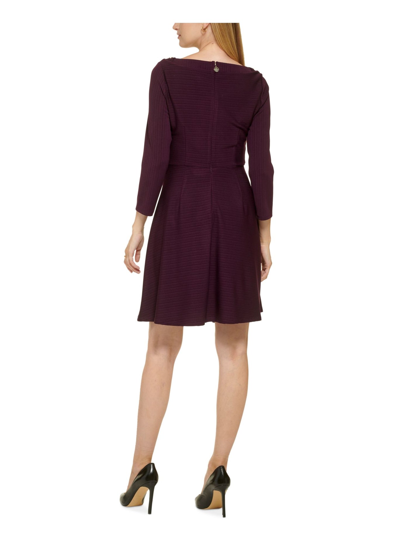 TOMMY HILFIGER Womens Purple Textured Zippered Button Detail Unlined Darted 3/4 Sleeve Boat Neck Above The Knee Wear To Work Fit + Flare Dress 12