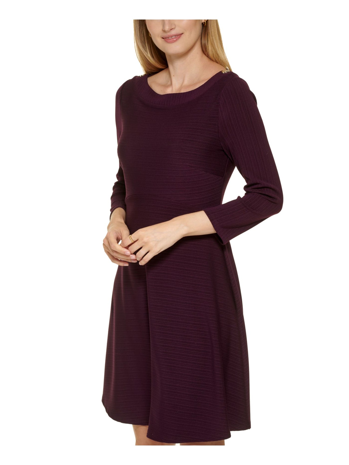 TOMMY HILFIGER Womens Purple Zippered Ribbed Unlined Long Sleeve Boat Neck Above The Knee Wear To Work Fit + Flare Dress 10