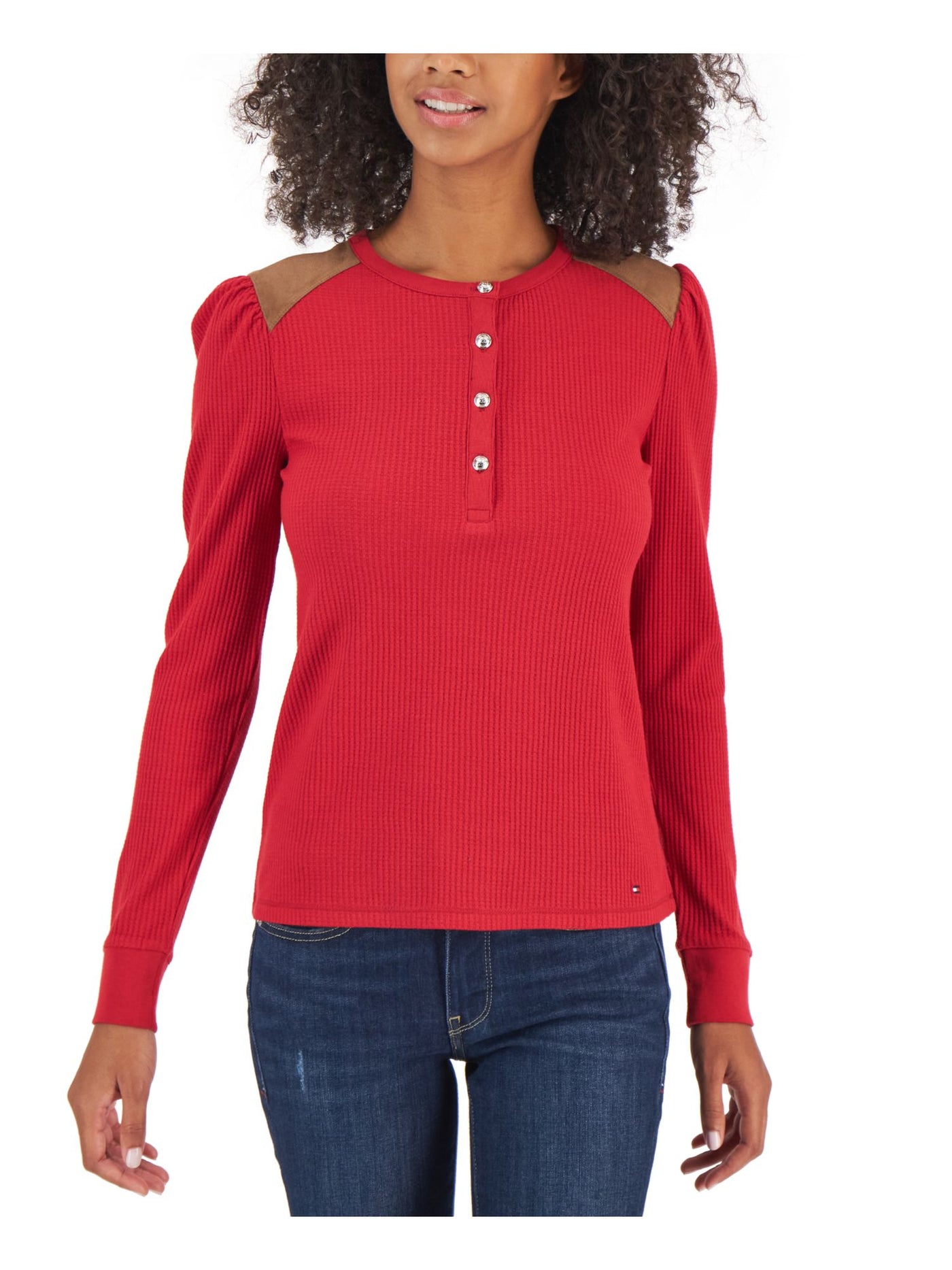 TOMMY HILFIGER Womens Red Long Sleeve Round Neck Henley Top S\P