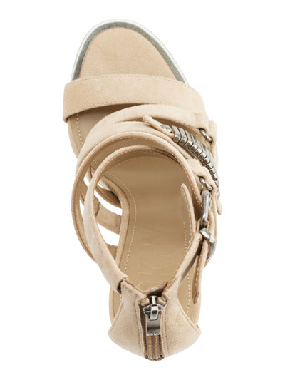 DKNY Womens Beige Buckled Strap Metallic Accent Padded Strappy Goring Deb Almond Toe Stiletto Zip-Up Heeled Sandal 11 M