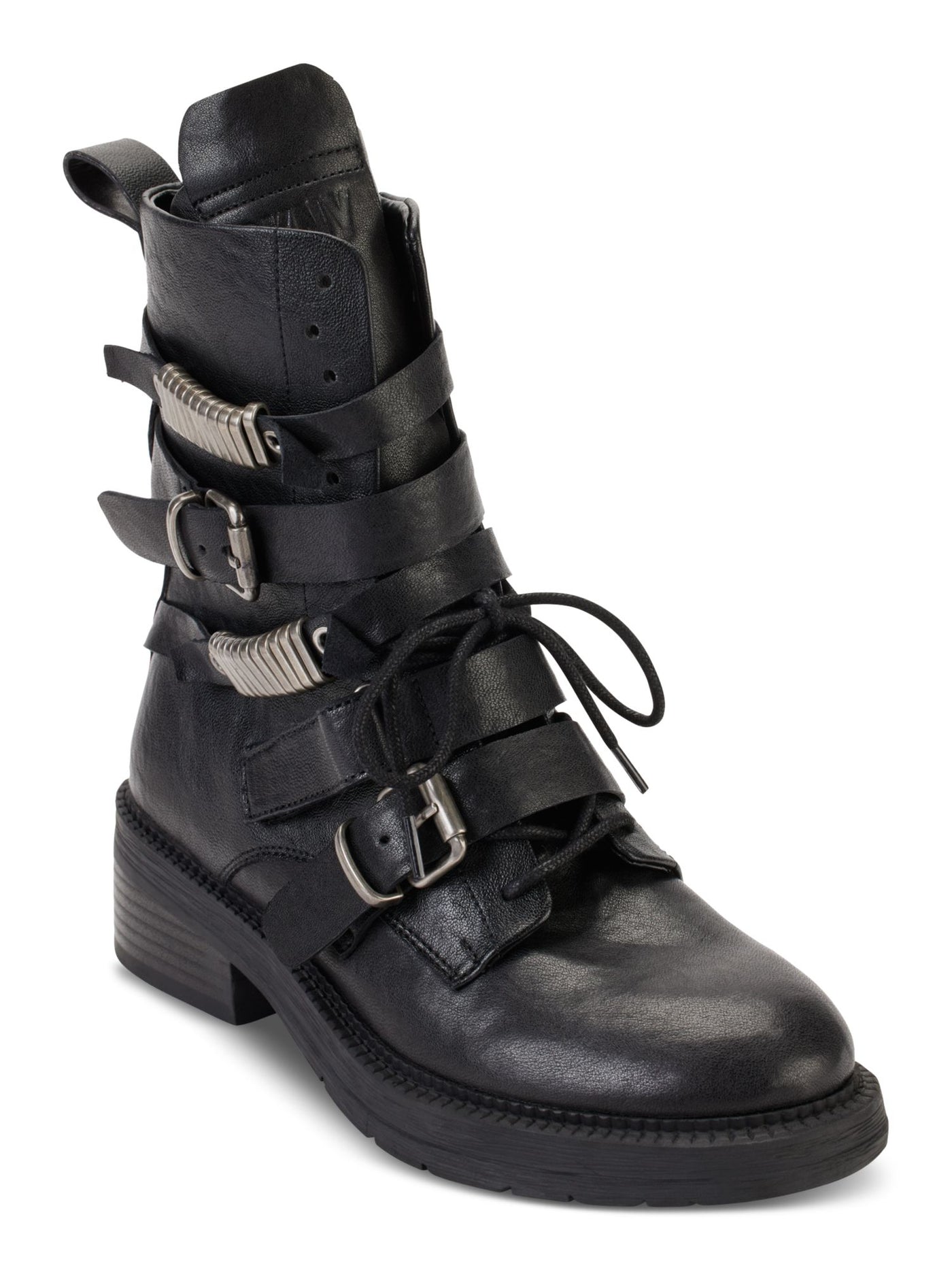 DKNY Womens Black Zipper Accent Ita Round Toe Block Heel Buckle Leather Boots Shoes 6 M