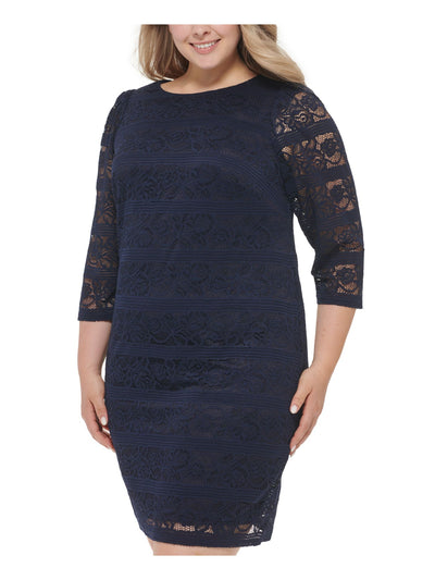 JESSICA HOWARD Womens Navy Zippered Lined 3/4 Sleeve Boat Neck Above The Knee Party Sheath Dress Plus 22W