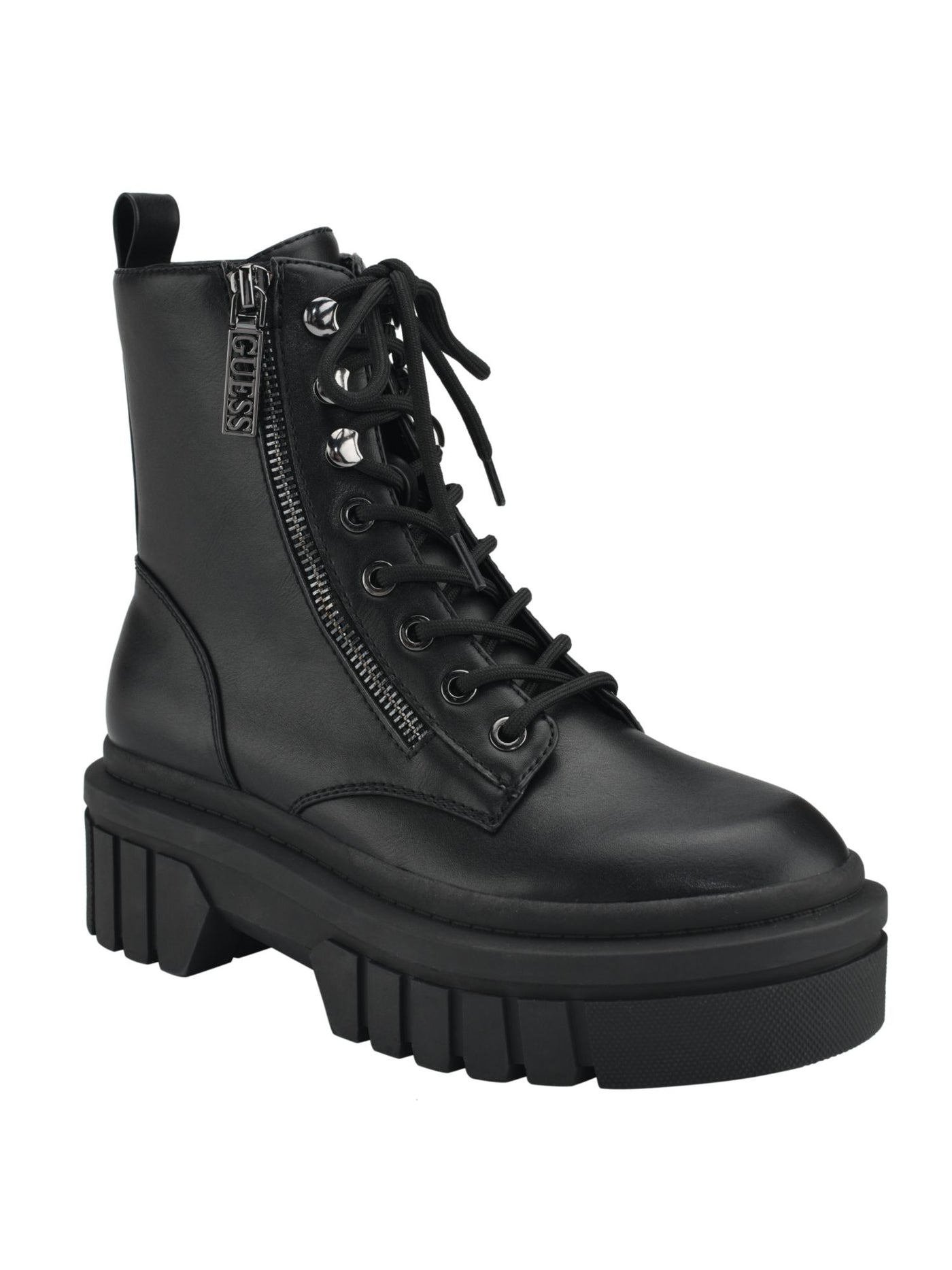 GUESS Womens Black Iridescent Lace Up Padded Pull Tab Lug Sole Zipper Accent Ferina Round Toe Block Heel Zip-Up Combat Boots 11 M