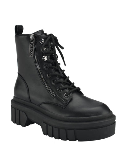 GUESS Womens Black Iridescent Lace Up Padded Pull Tab Lug Sole Zipper Accent Ferina Round Toe Block Heel Zip-Up Combat Boots 9 M