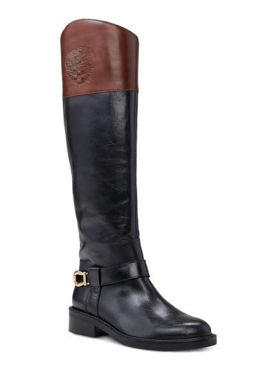 VINCE CAMUTO Womens Black Color Block Ankle Strap With Gold-Tone Hardware Goring Padded Amanyir Almond Toe Block Heel Zip-Up Leather Riding Boot 6.5 M