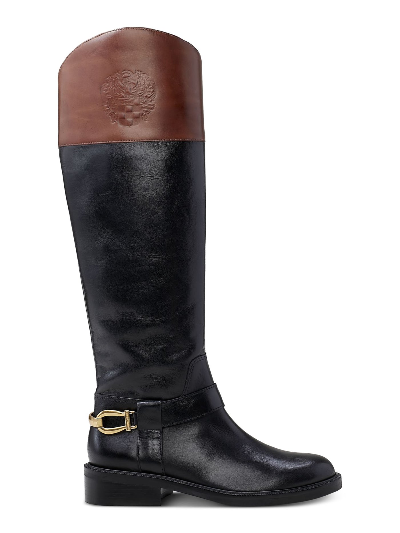 VINCE CAMUTO Womens Black Color Block Ankle Strap With Gold-Tone Hardware Goring Padded Amanyir Almond Toe Block Heel Zip-Up Leather Riding Boot 6.5 M