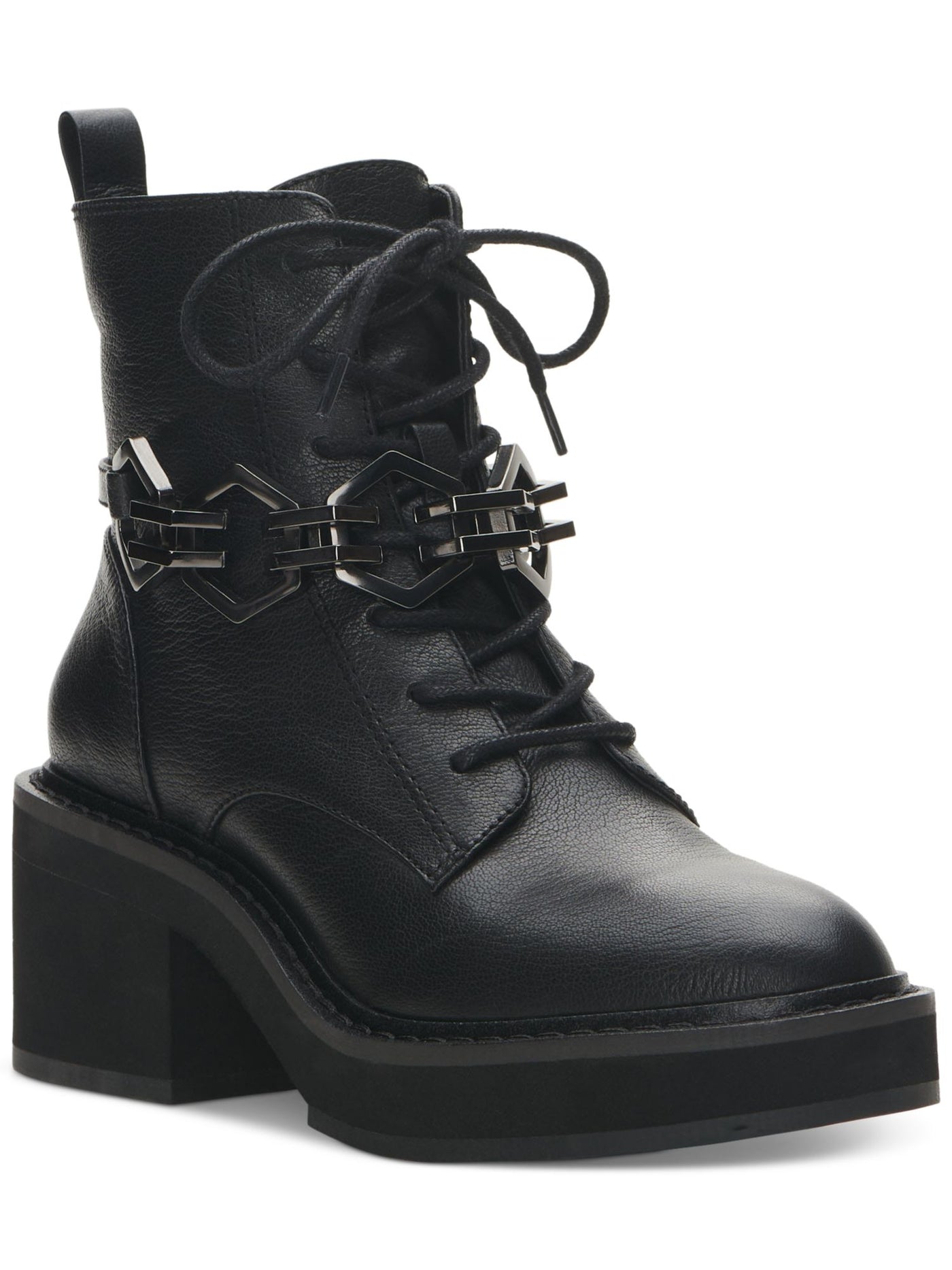 VINCE CAMUTO Womens Black Chain Buckle Accent Keltana Round Toe Block Heel Lace-Up Leather Combat Boots 8 M