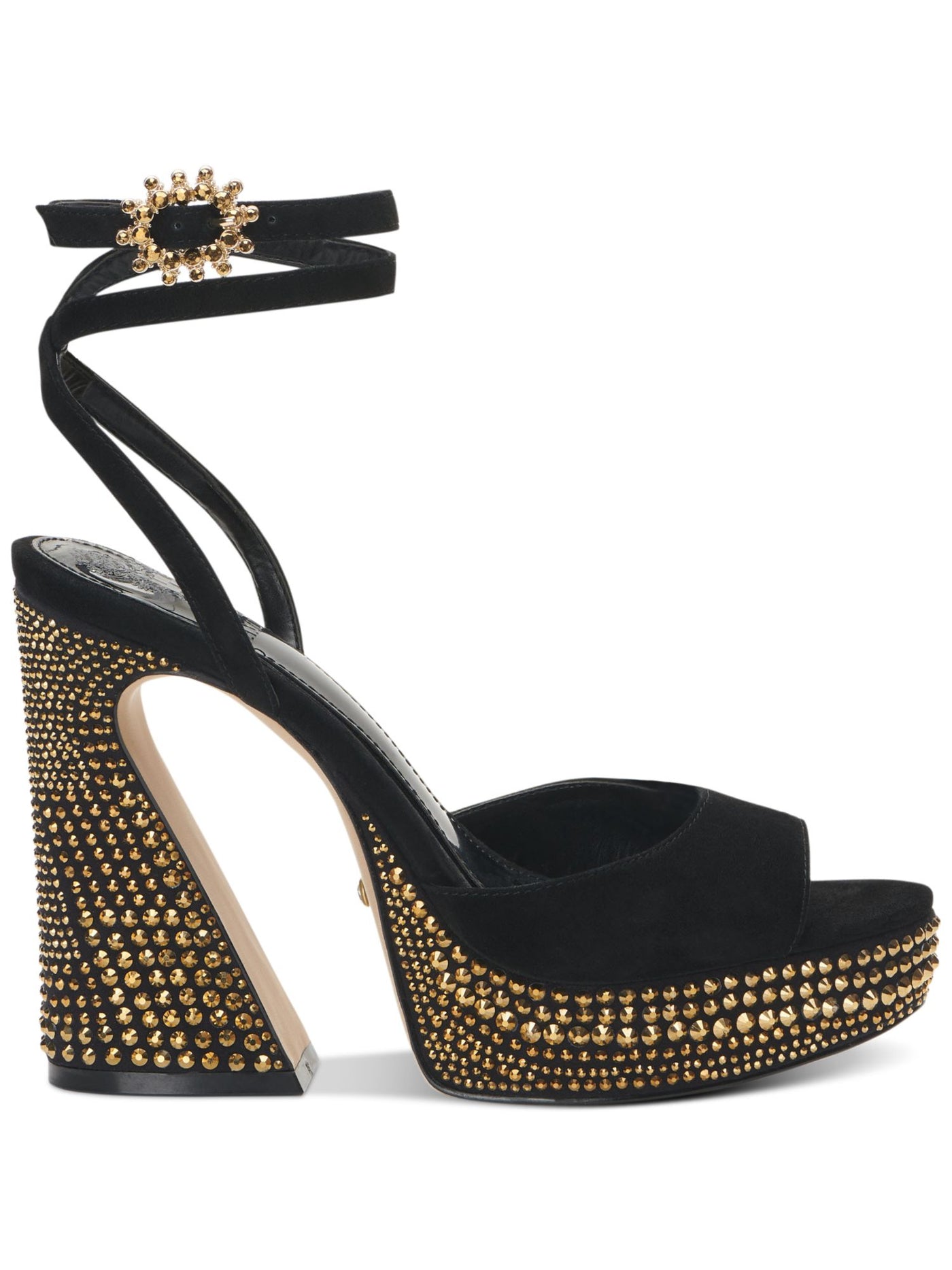 VINCE CAMUTO Womens Black Embellished Buckle Ankle Strap Rhinestone Padded Inna Round Toe Flare Buckle Leather Heeled Sandal 5.5 M