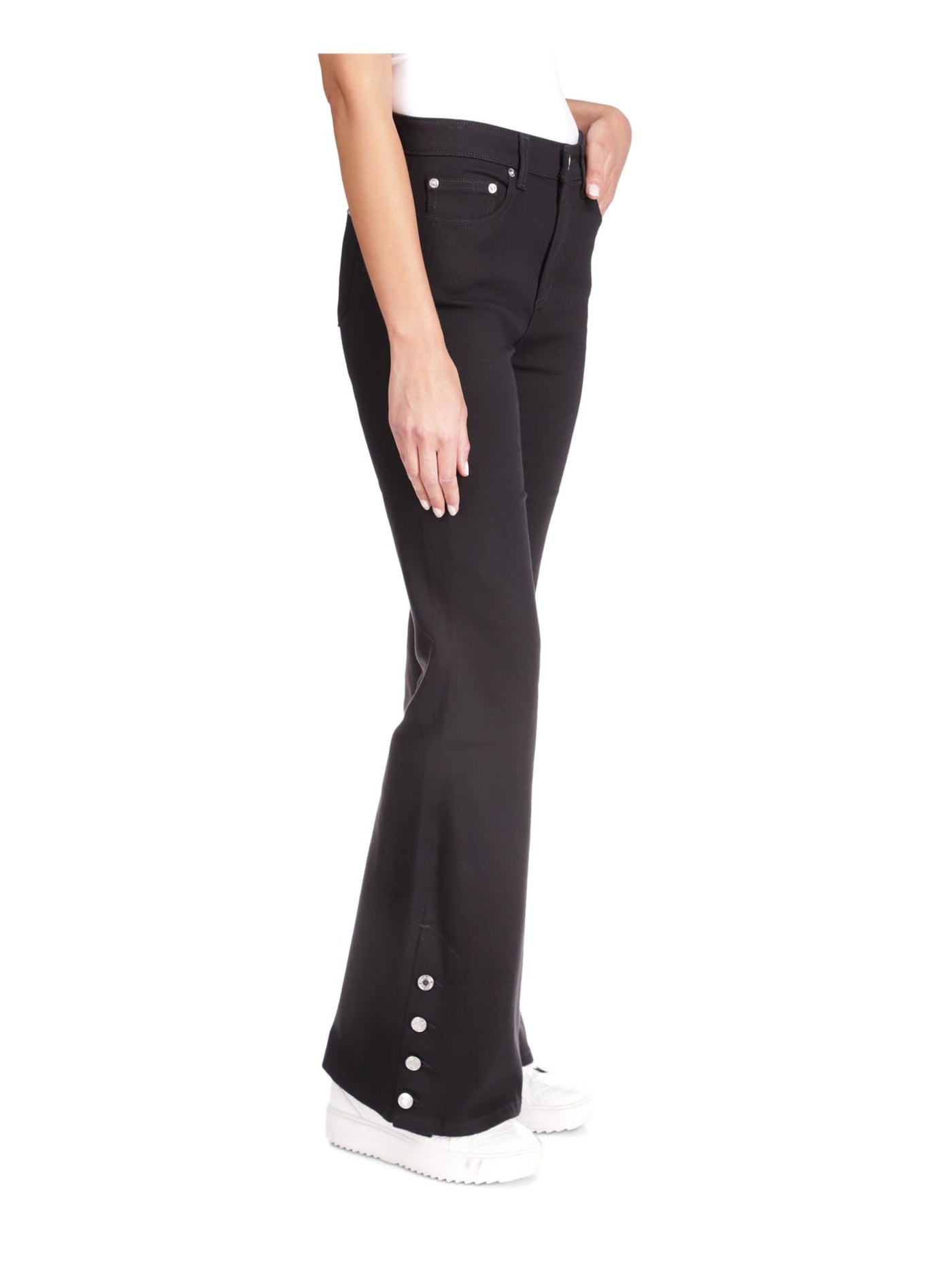 MICHAEL KORS Womens Navy Zippered Pocketed Button-hem Flare Leg High Waist Jeans Petites 14P