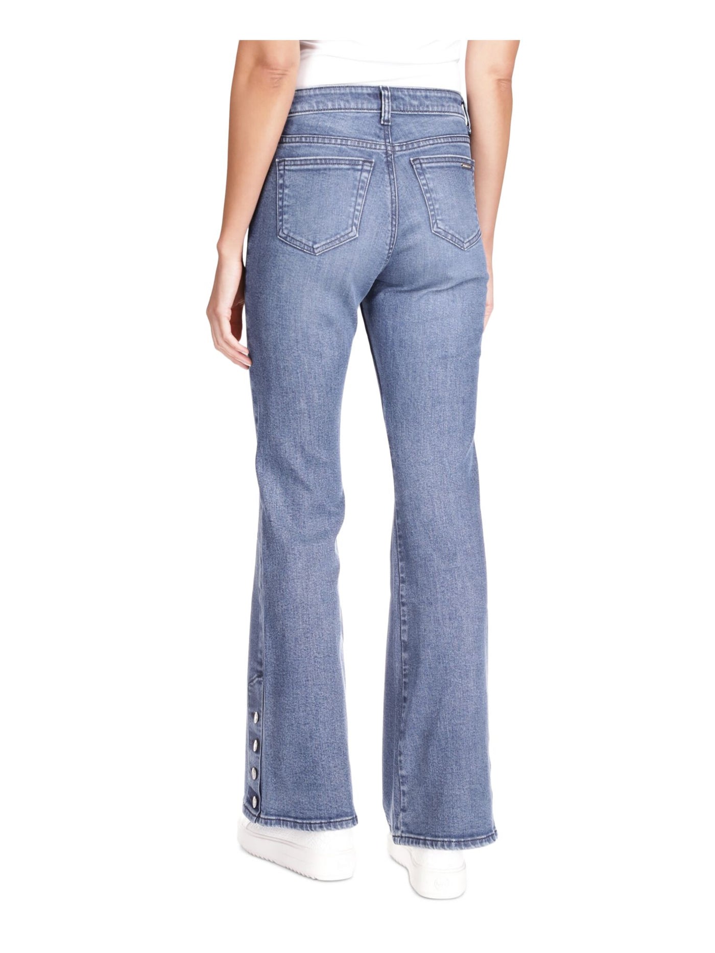 MICHAEL KORS Womens Blue Zippered Pocketed Button-hem Flare Leg High Waist Jeans Petites 10P