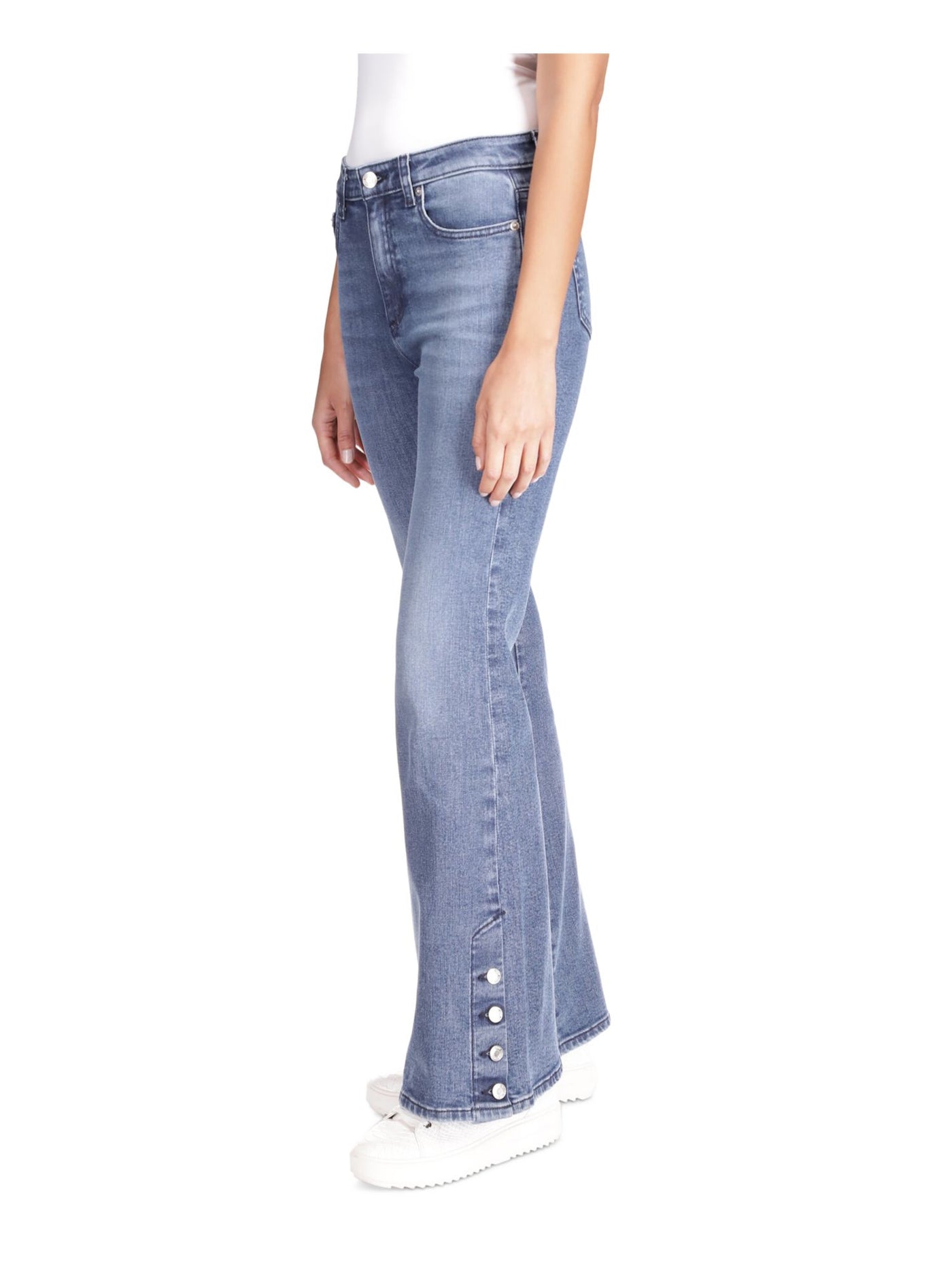 MICHAEL KORS Womens Blue Zippered Pocketed Button-hem Flare Leg High Waist Jeans Petites 14P