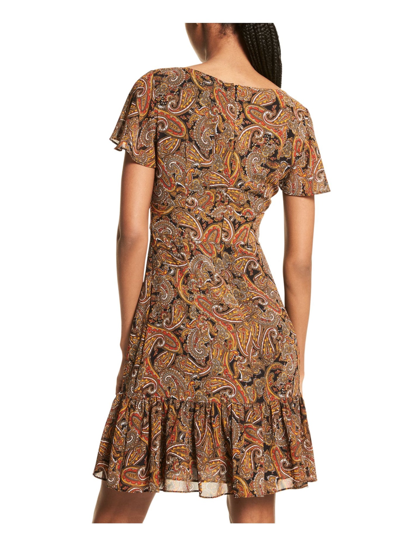 MICHAEL MICHAEL KORS Womens Orange Cut Out Zippered Ruched Lined Sheer Ruffled Paisley Flutter Sleeve V Neck Short Fit + Flare Dress 6