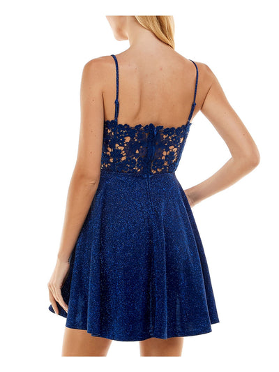 CITY STUDIO Womens Navy Zippered Lined Lace-back Padded Cups Spaghetti Strap Scoop Neck Short Party Fit + Flare Dress Juniors 13