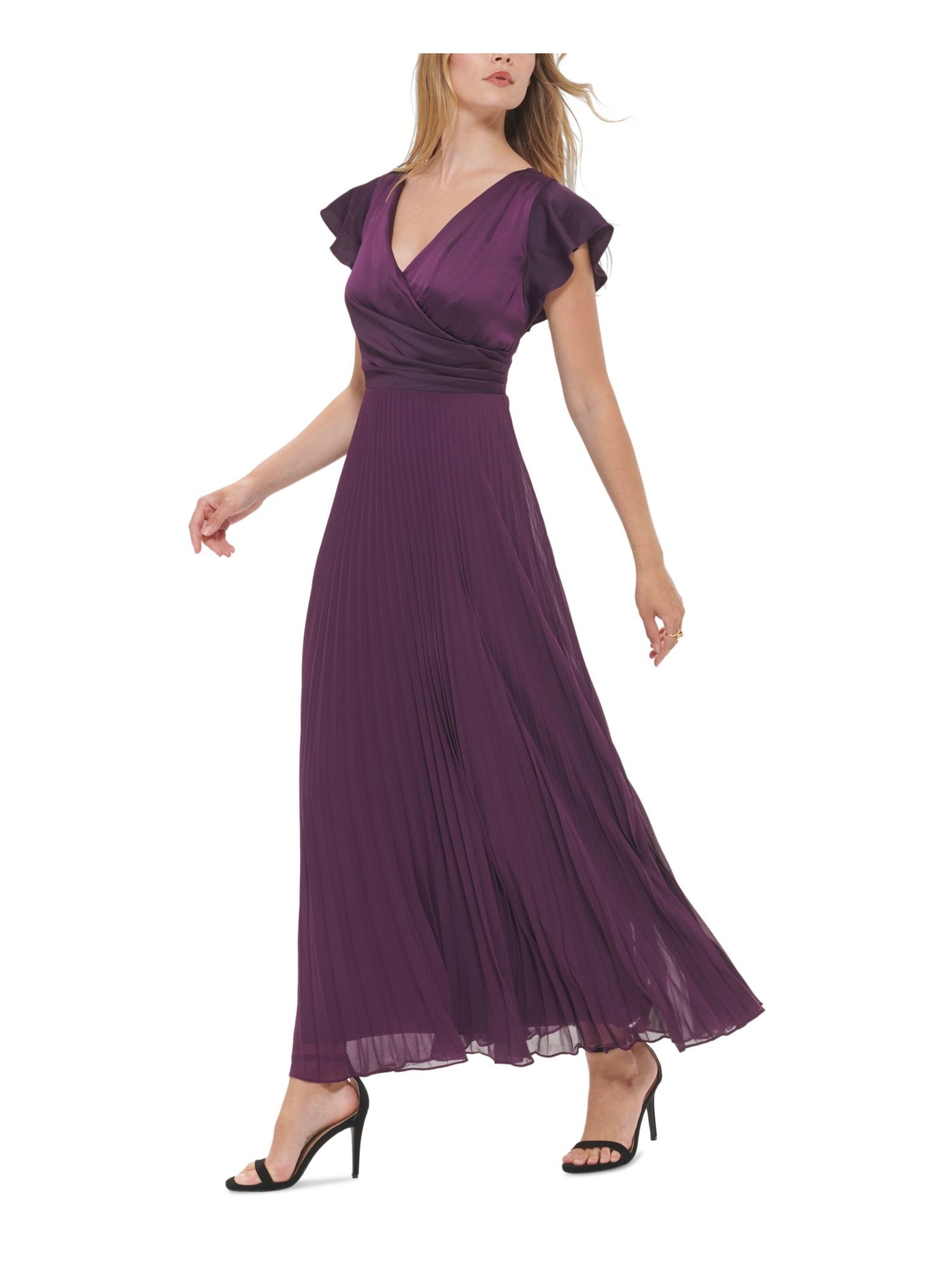 DKNY Womens Purple Pleated Zippered Lined Flutter Sleeve V Neck Full-Length Evening Fit + Flare Dress 12