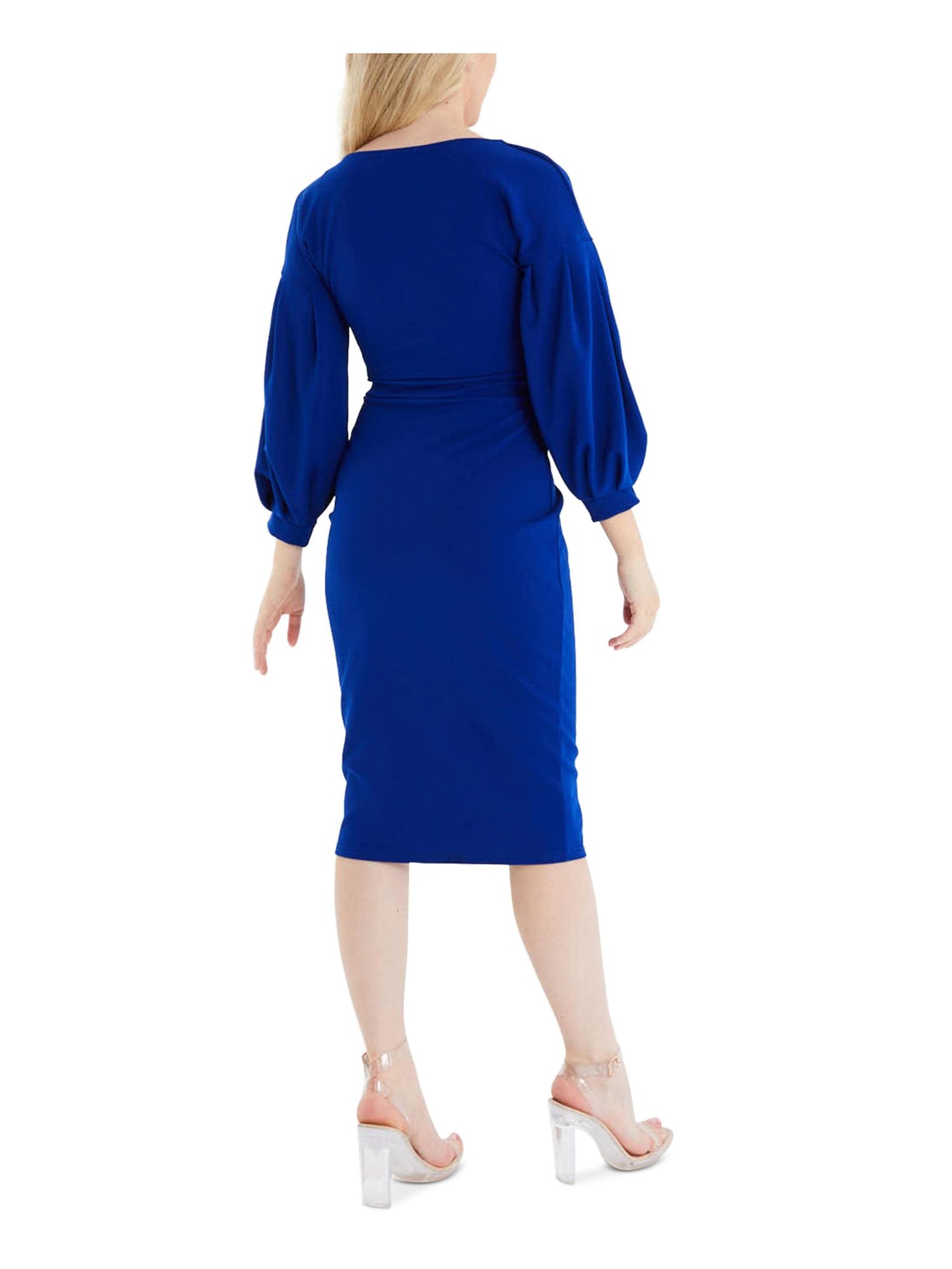 QUIZ Womens Blue Tie 3/4 Sleeve Surplice Neckline Below The Knee Cocktail Sheath Dress 8