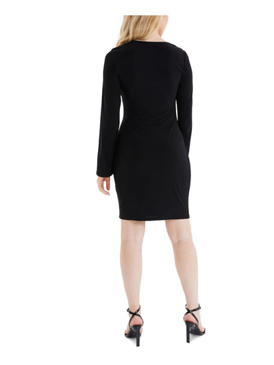 QUIZ Womens Black Unlined Pullover Long Sleeve V Neck Above The Knee Party Sheath Dress 2