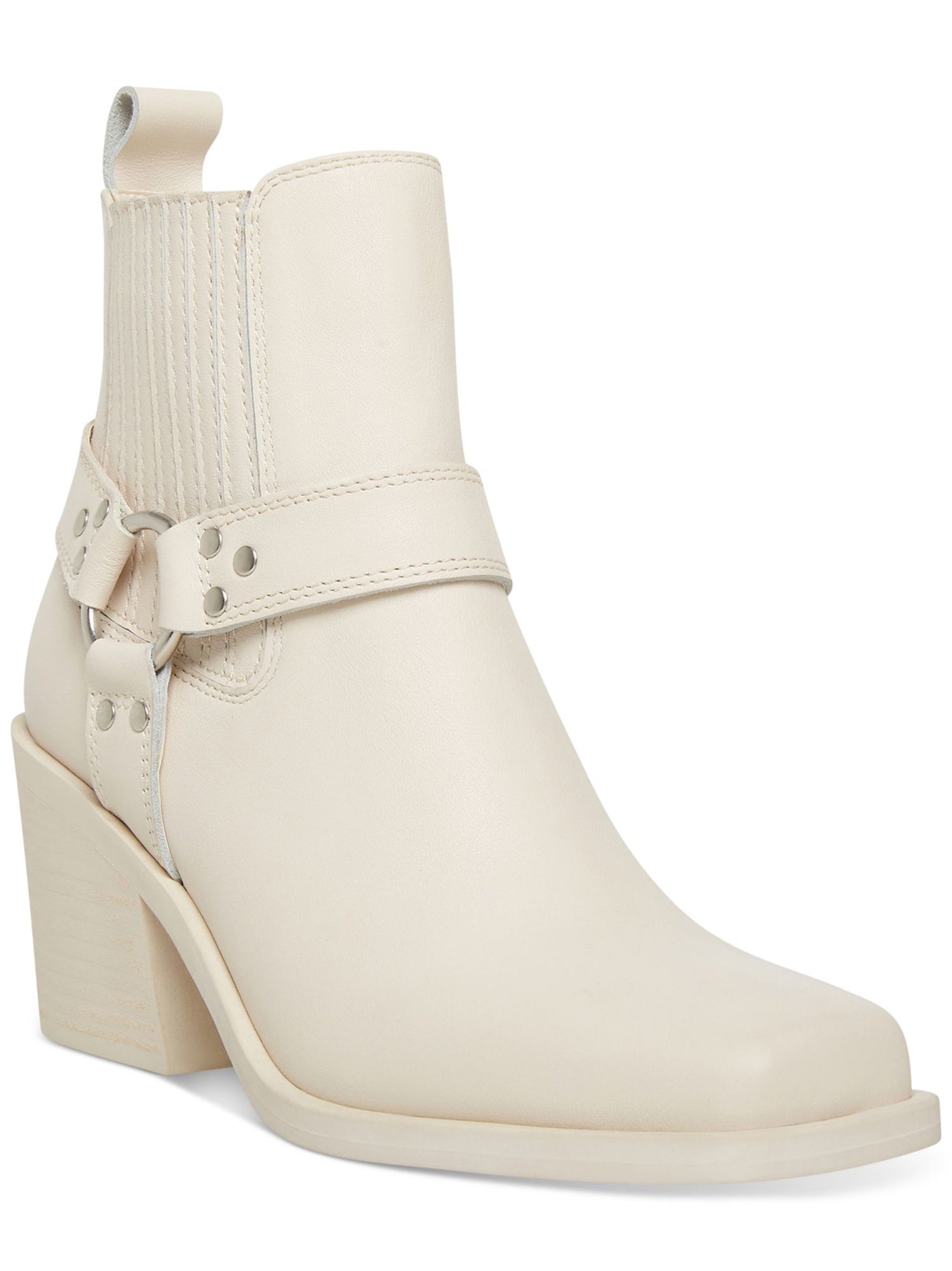 STEVE MADDEN Womens Beige Harness Goring Wells Square Toe Block Heel Zip-Up Leather Booties 8.5 M