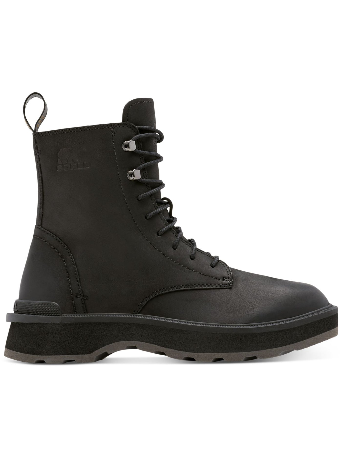 SOREL Womens Black Back Pull-Tab Lug Sole Padded Hi-line Round Toe Block Heel Lace-Up Leather Combat Boots 7