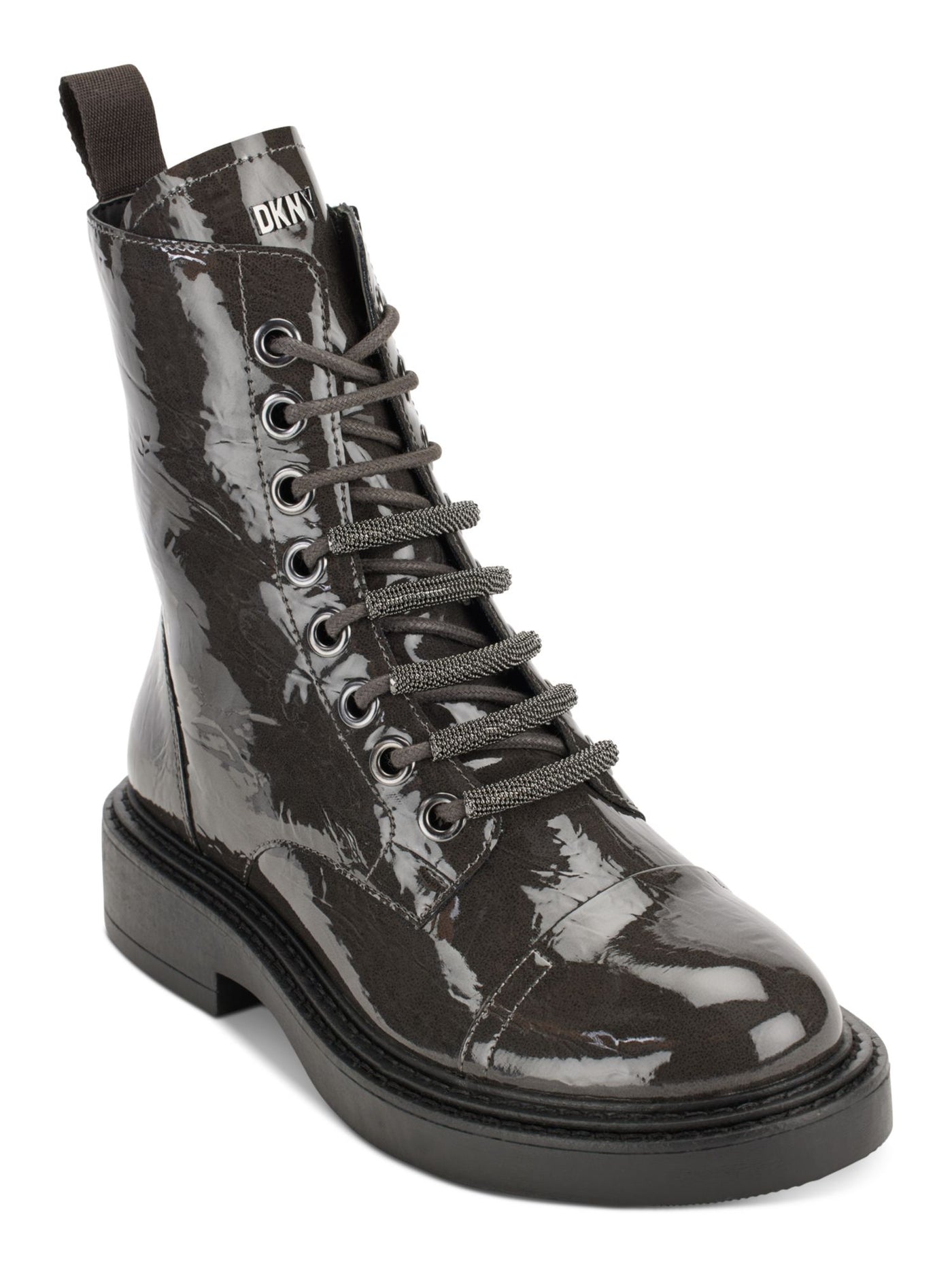 DKNY Womens Gray Metallic Malaya Almond Toe Block Heel Lace-Up Combat Boots 5