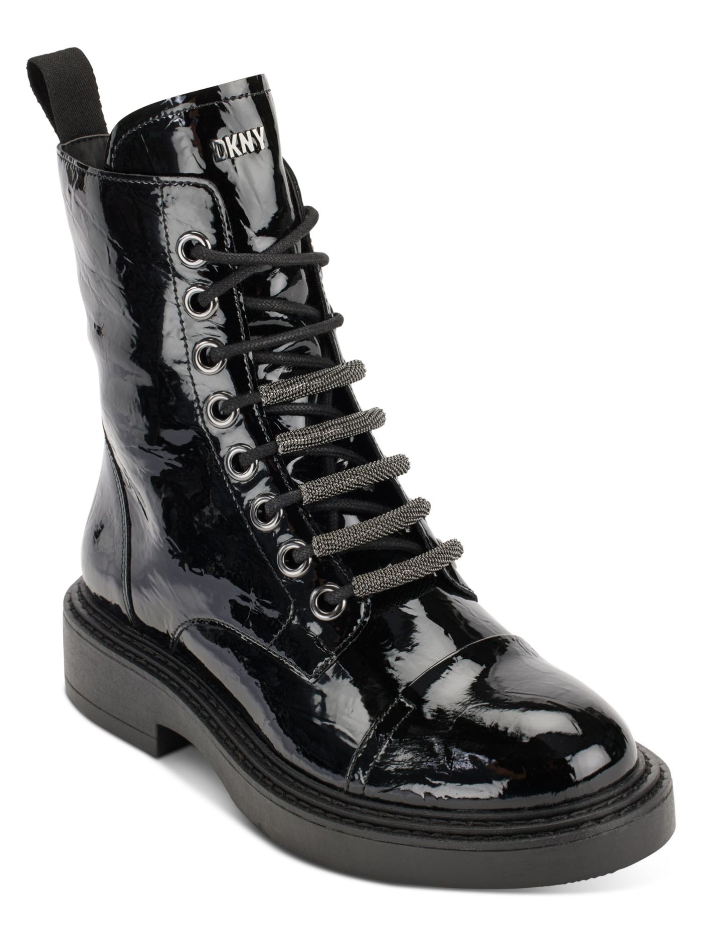 DKNY Womens Black Metallic Malaya Almond Toe Block Heel Lace-Up Combat Boots 5 M