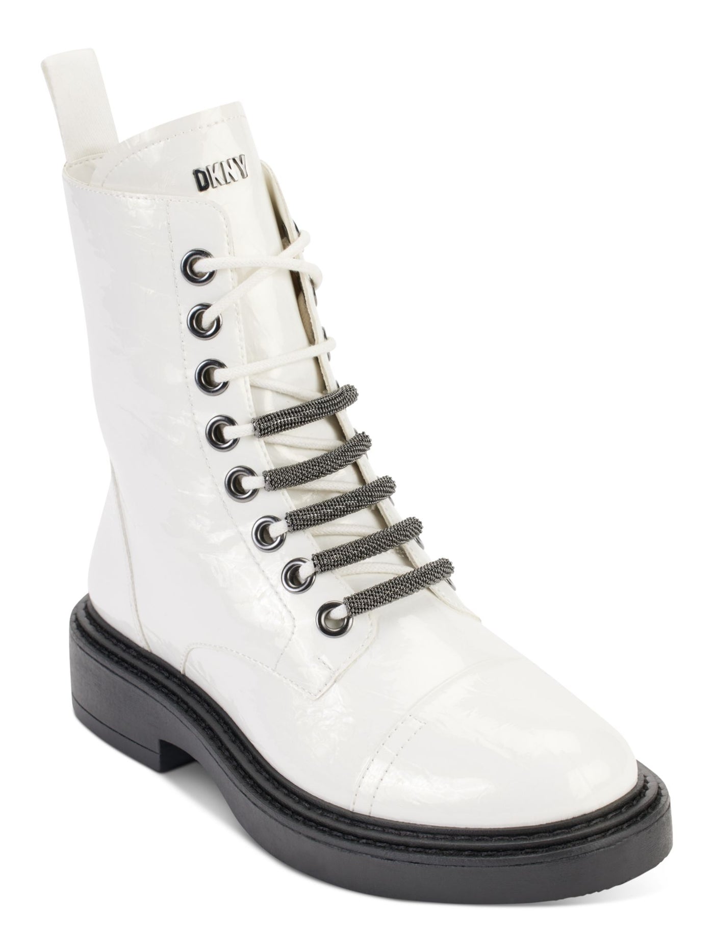 DKNY Womens White Metallic Malaya Almond Toe Block Heel Lace-Up Combat Boots 10