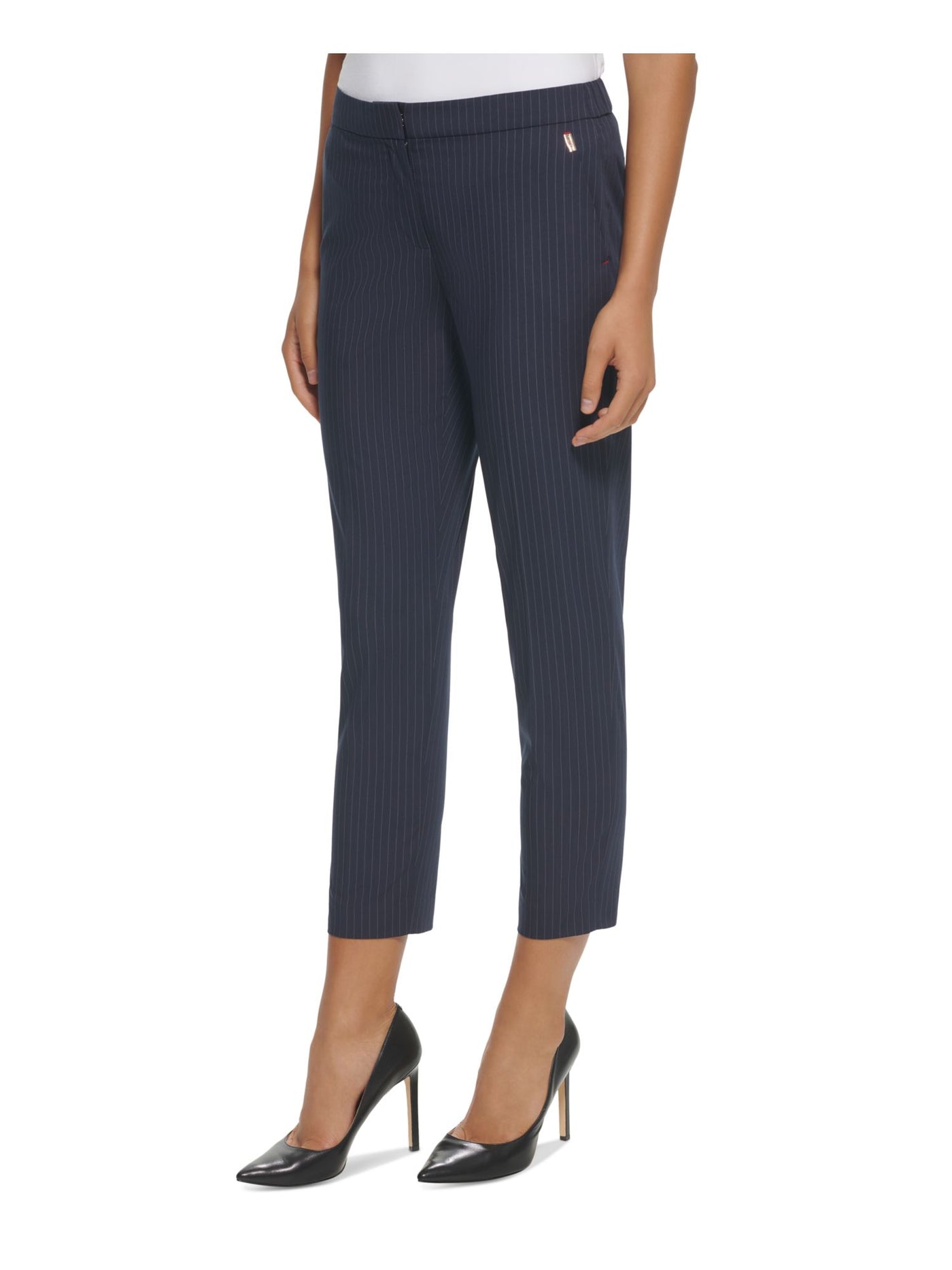 TOMMY HILFIGER Womens Navy Zippered Pocketed Hook And Bar Closure Pinstripe Wear To Work Cropped Pants 14