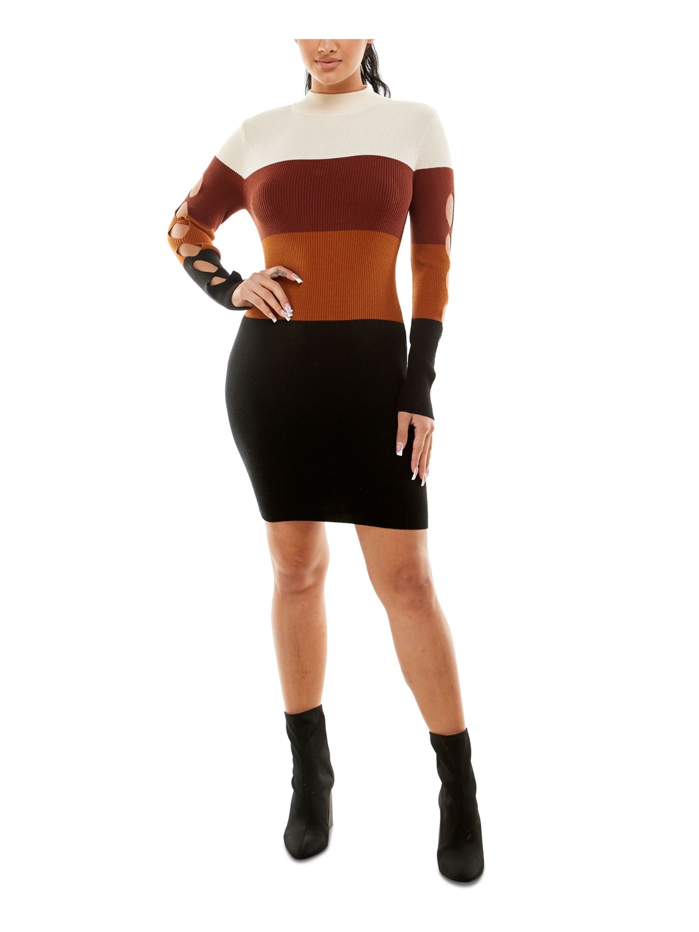 PLANET GOLD Womens Brown Striped Long Sleeve Mock Neck Above The Knee Sweater Dress Juniors XS