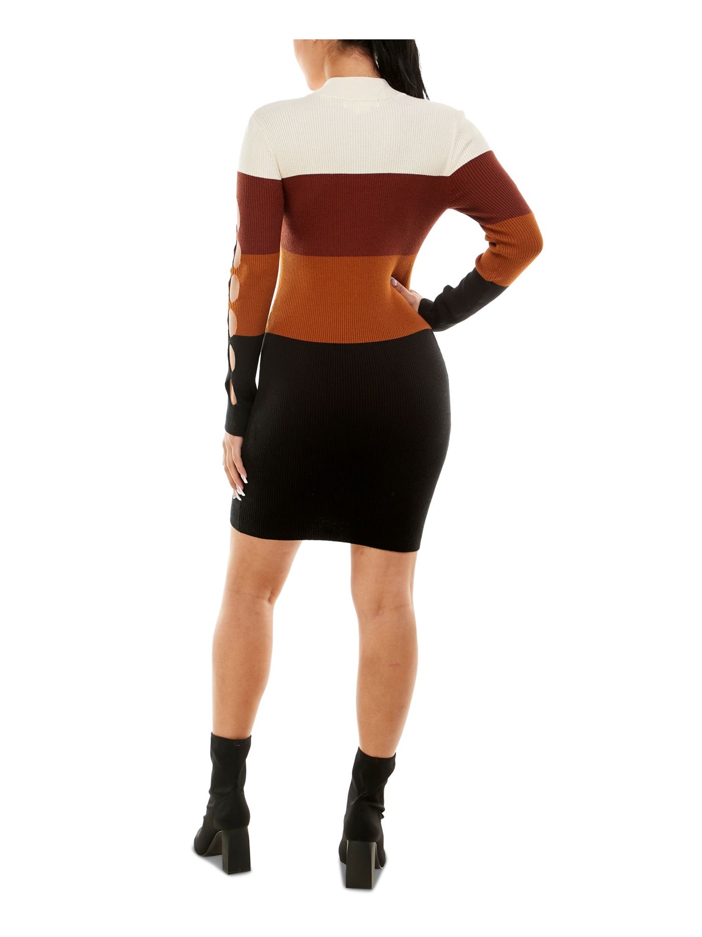 PLANET GOLD Womens Brown Striped Long Sleeve Mock Neck Above The Knee Sweater Dress Juniors XS