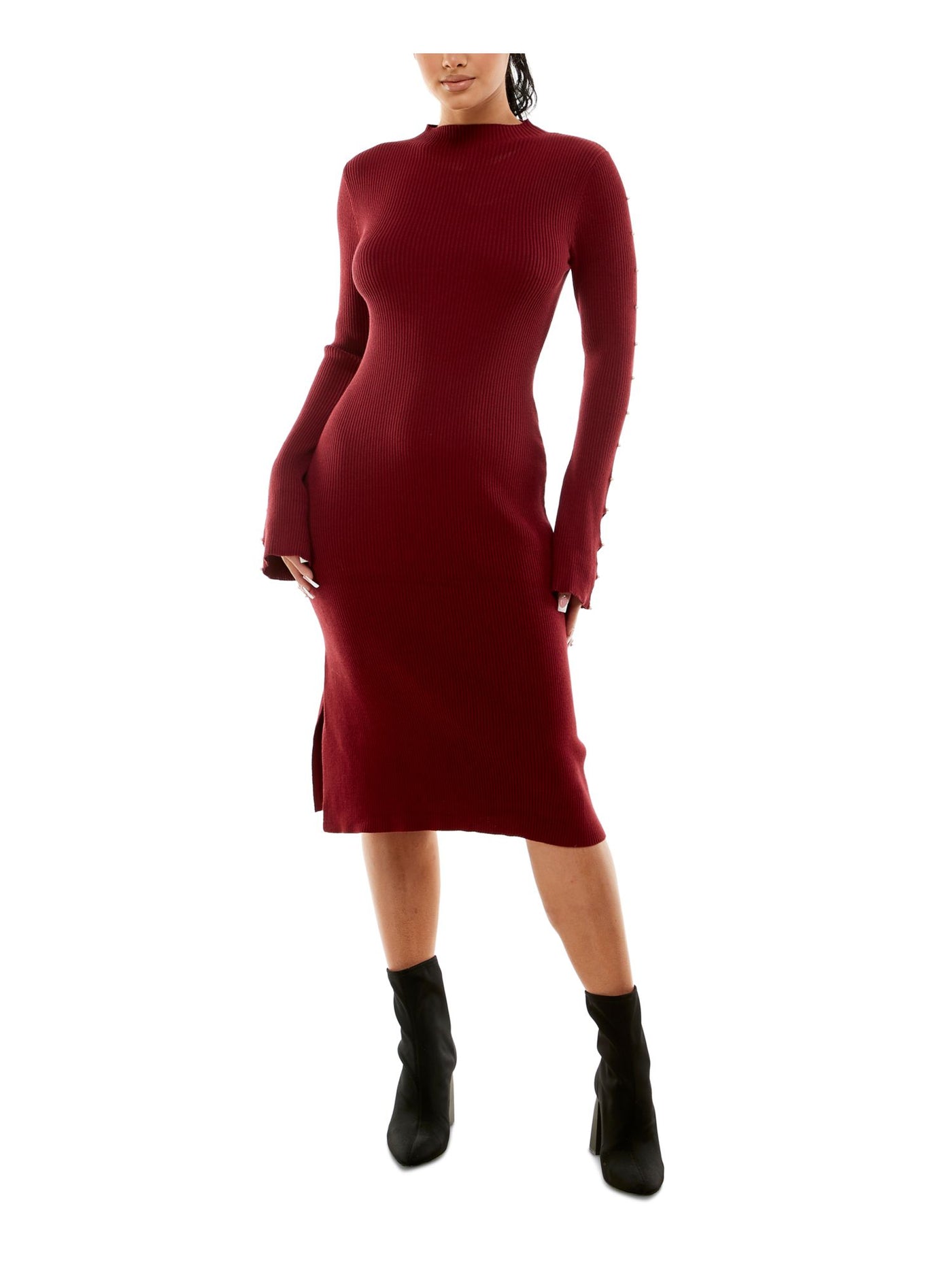PLANET GOLD Womens Burgundy Cut Out Beaded Ribbed Pullover Long Sleeve Mock Neck Tea-Length Sweater Dress Juniors M