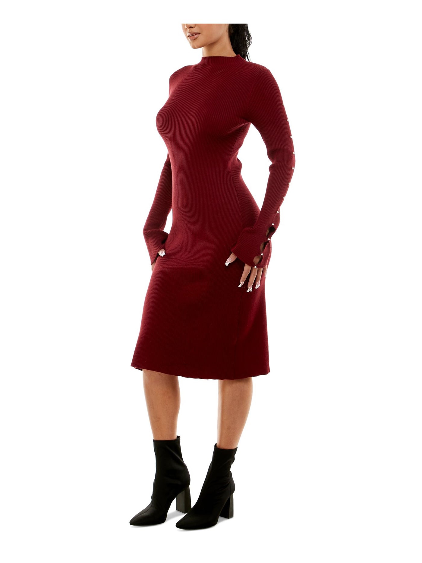 PLANET GOLD Womens Burgundy Cut Out Beaded Ribbed Pullover Long Sleeve Mock Neck Tea-Length Sweater Dress Juniors M