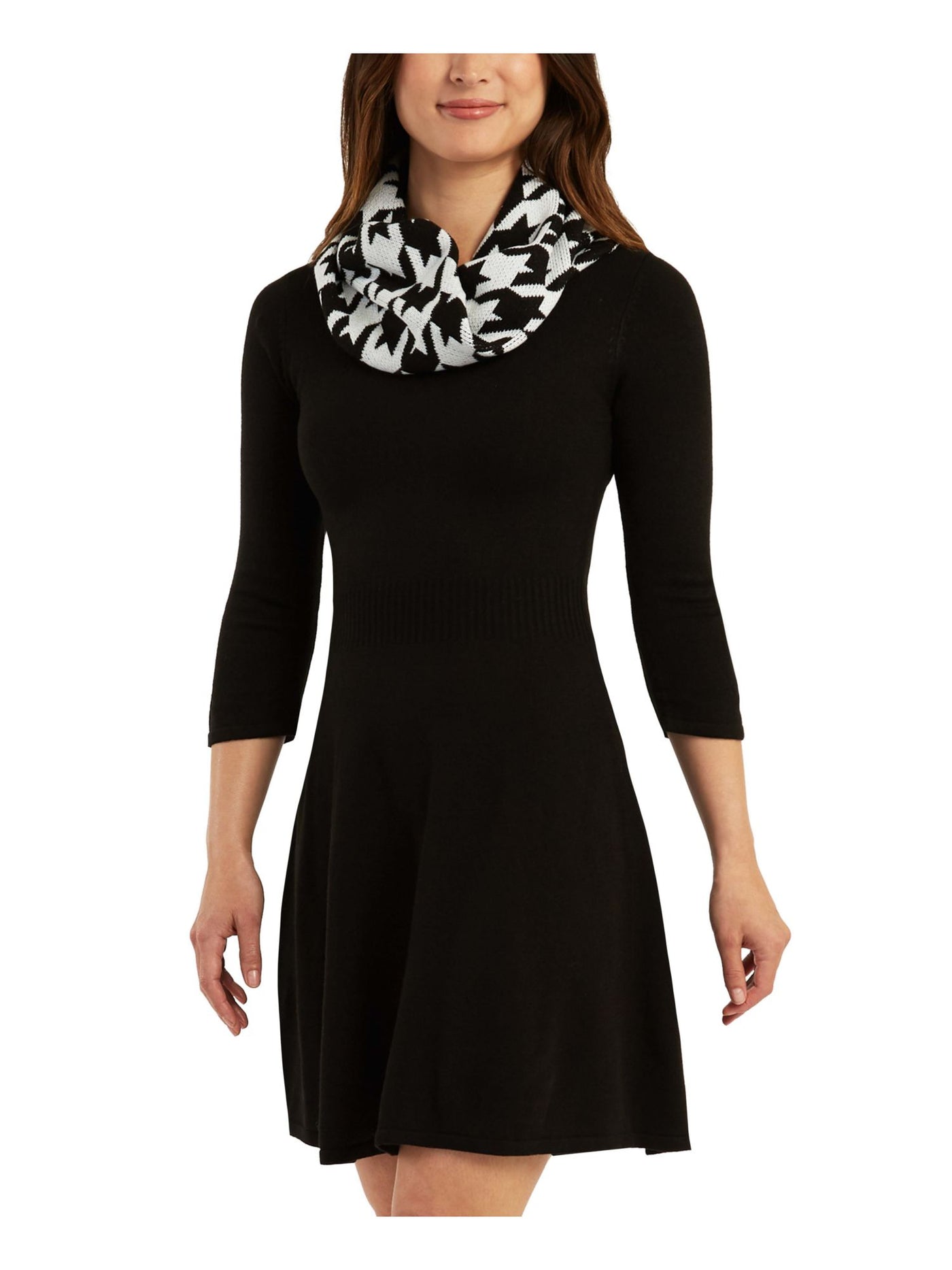 BCX DRESS Womens Black Unlined Printed Removable Scarf 3/4 Sleeve Round Neck Above The Knee Sweater Dress Juniors XS